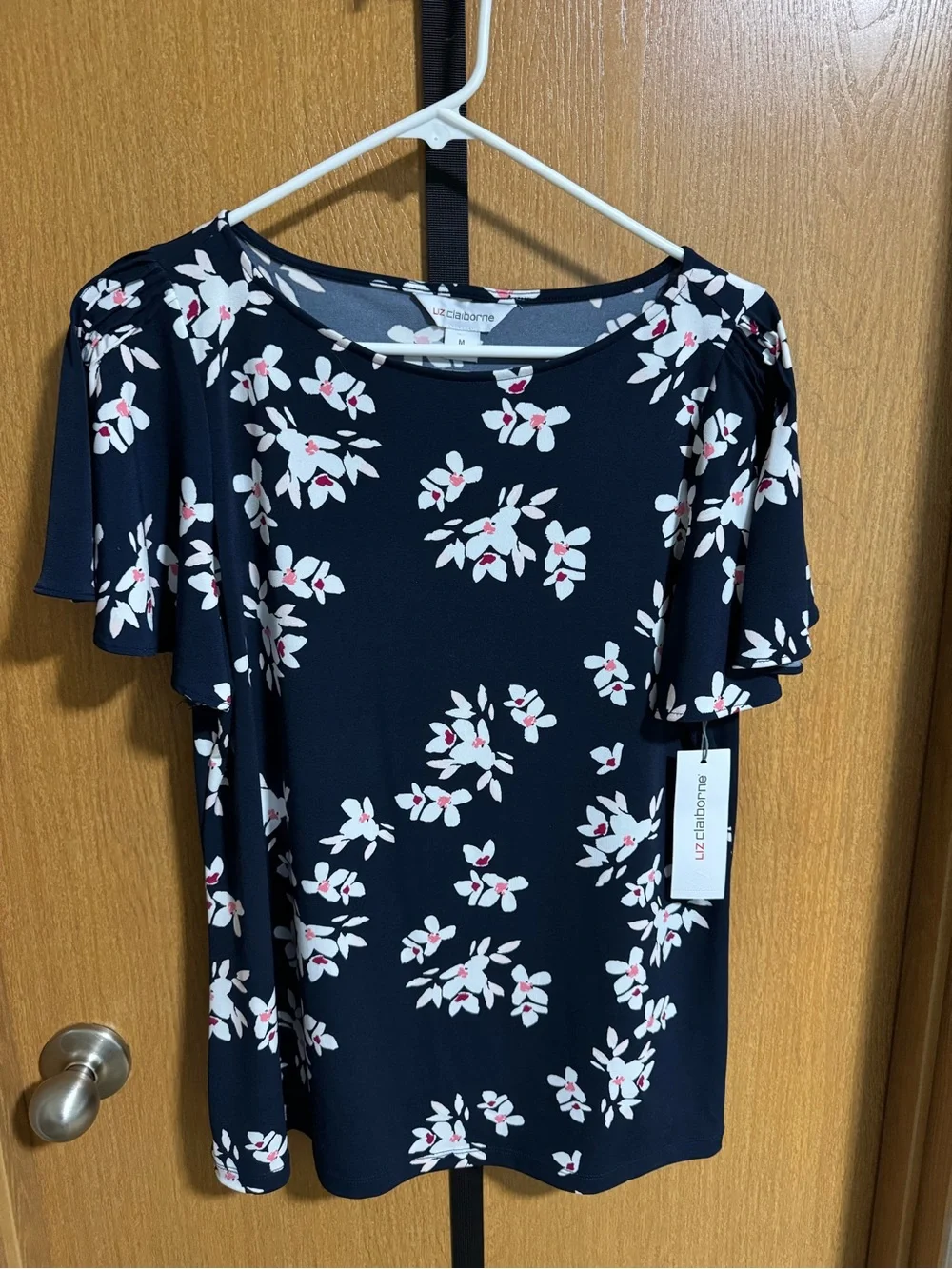 Liz Claiborne Navy Floral Short Sleeve Flutter Top - Medium - Picture 1 of 6